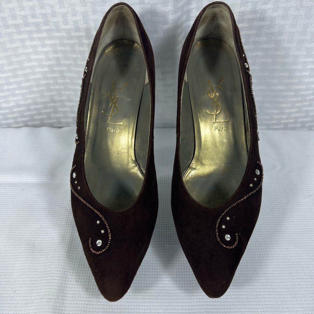 Vintage Yves Saint Laurent Suede Rhinestone Pumps Brown Size - Picture 3 of 10